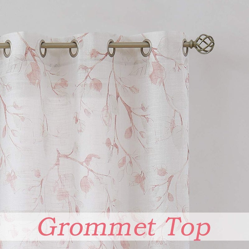 Central Park Leaf Floral Print Metallic Sheer Linen Window Curtain Panel for Rustic Living Room/Bedroom Sparkling Decorative 6 Grommets Top Drape Panels Farmhouse Curtains,Coral Red,40" x 95"x2, 2 PK - Image 3